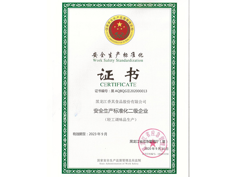 安全生產標準化二級企業(yè)證書